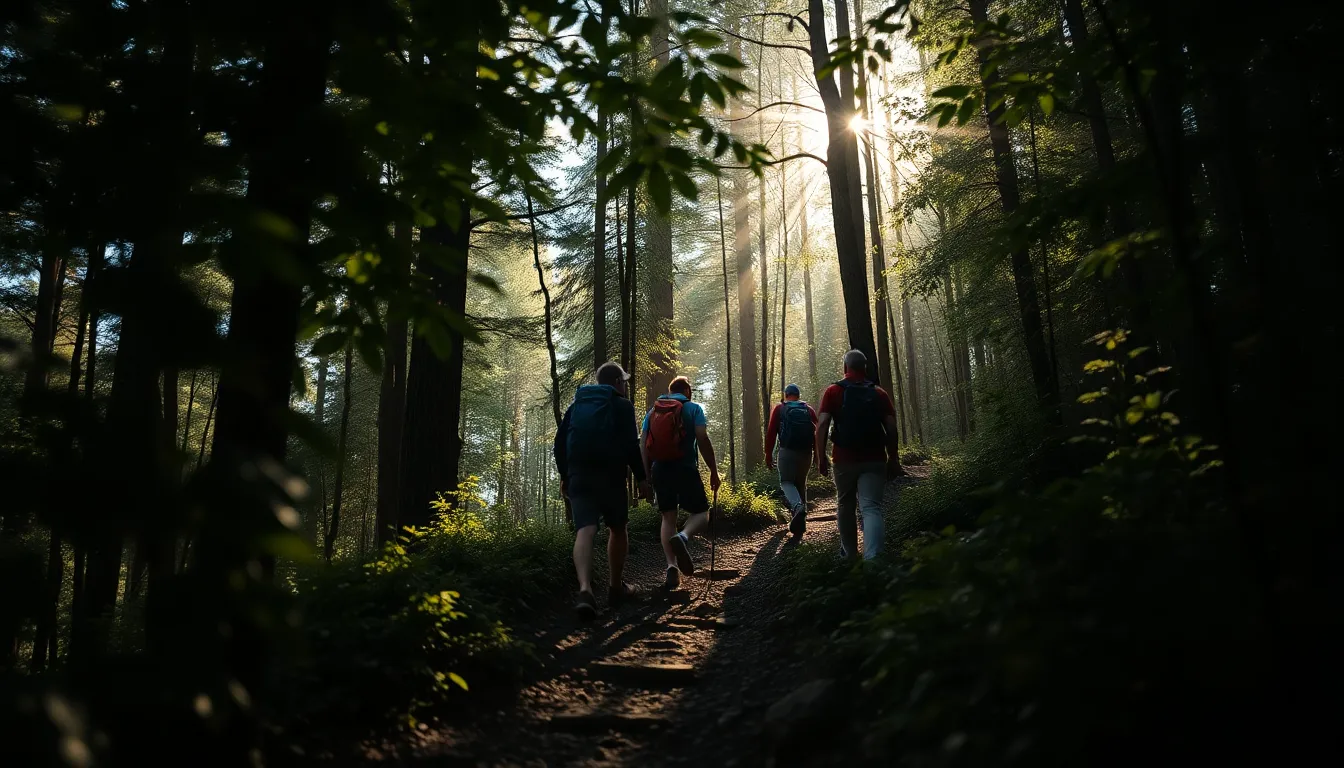 Group of Backpackers on Forest Trail A diverse group of backpackers engages in a journey along a beautiful forest trail, surrounded by towering trees and lush greenery. Sunlight filters through the canopy, casting ethereal rays that illuminate their path and enhance the sense of adventure. The crisp details of the forest floor and the rich textures of their gear underscore the wild and organic atmosphere. This captivating scene embodies the camaraderie and excitement of exploring nature's wonders, inviting viewers to experience the thrill firsthand.