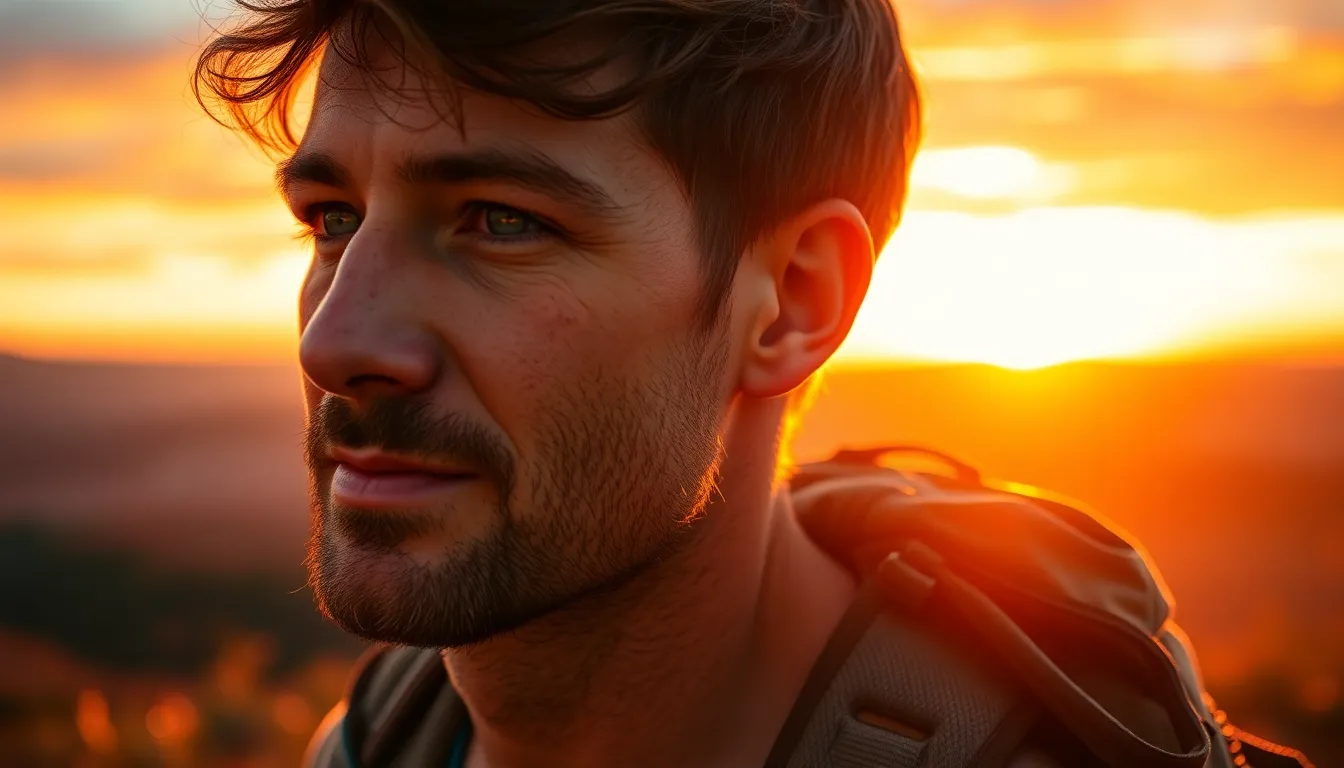 This image captures a rugged hiker against a breathtaking mountain sunset. The warm golden light bathes the subject, highlighting the natural textures of their skin and gear. The shallow depth of field brings focus to the hiker's expression of determination and adventure, with soft bokeh creating a dreamy background of peaks and clouds. The composition utilizes the rule of thirds, placing the hiker dynamically within the frame.