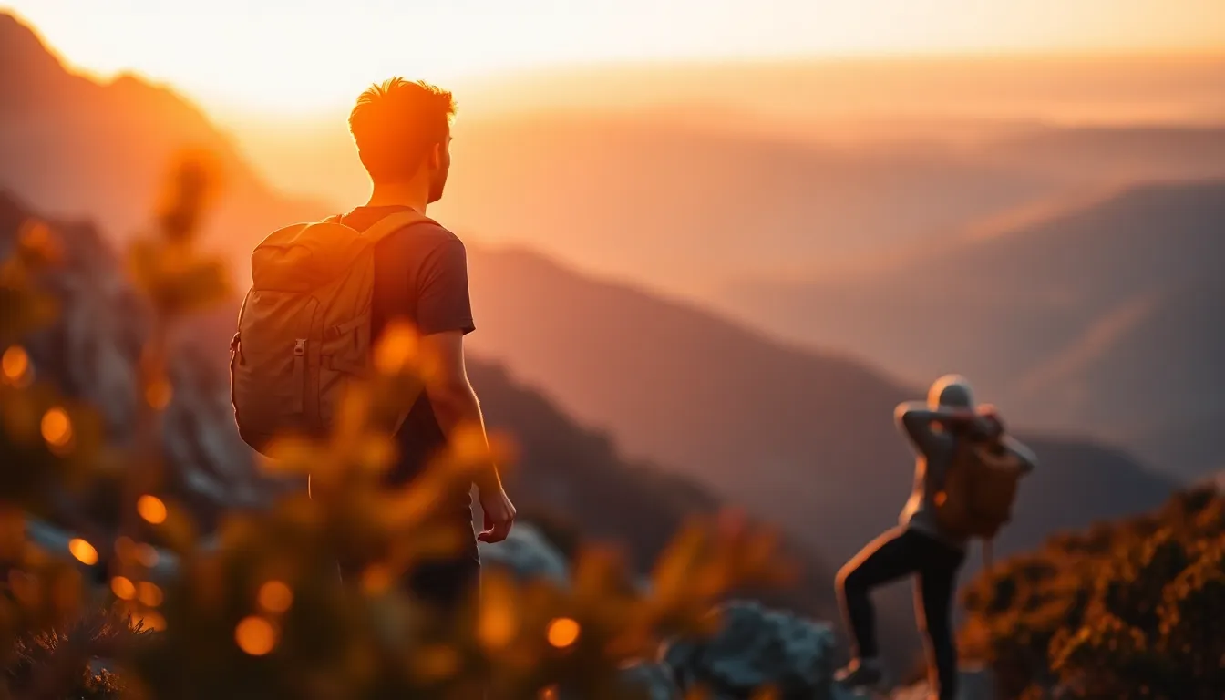 Solo Backpacker at Sunset in Mountains A lone hiker stands silhouetted against the stunning backdrop of the mountains during golden hour. The warm light casts a captivating glow, enhancing the colors of the landscape and creating a sense of adventure. This image captures the spirit of exploration and the beauty of nature, with rugged textures on the rocks contrasting with the soft backpack fabric. The composition draws the viewer's eye toward the horizon, inviting them to imagine the journey beyond.