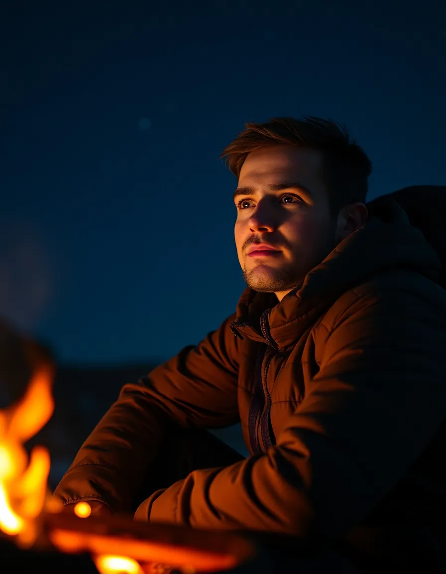 Backpacker by Campfire Under Starry Sky An evocative portrait of a backpacker seated by a campfire, surrounded by the enchanting beauty of a starry night. The warm glow from the fire illuminates their face, creating a sense of warmth and introspection. As the stars twinkle above, the soft focus of the background invites viewers to immerse themselves in this peaceful camping experience. The contrast of firelight against the dark sky enhances the feeling of adventure and serenity.