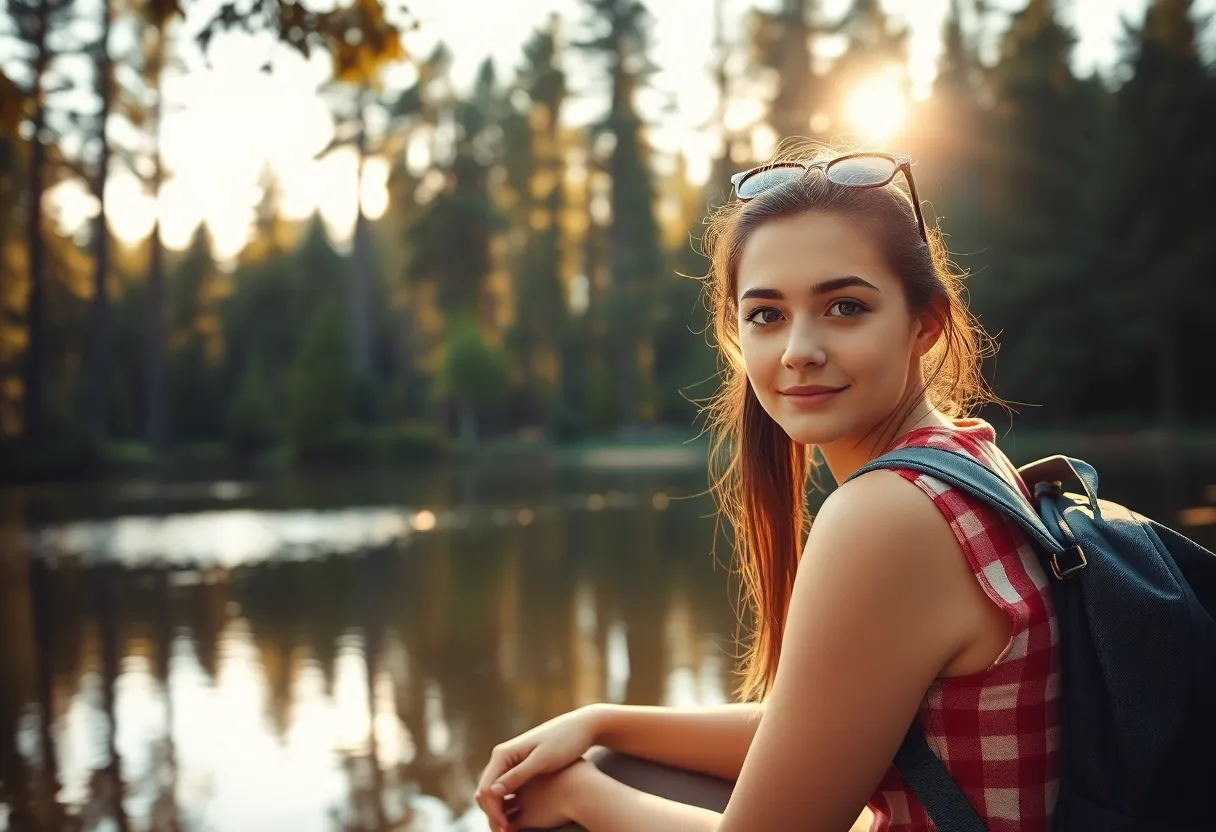 Backpacker by Serene Lake at Sunset A young female backpacker enjoys a quiet moment by a pristine lake, surrounded by towering pine trees. The soft, warm light of the golden hour illuminates her features, creating a captivating portrait against the vibrant colors of the natural landscape. The serene reflection in the water echoes the lush greenery, enhancing the tranquility of the scene. This image beautifully captures the essence of solitude and connection to nature, inviting the viewer to share in the peaceful experience.