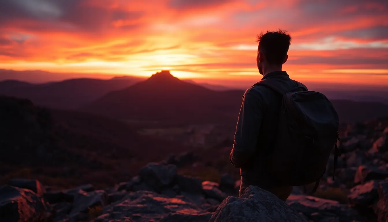 Backpacker on Rocky Outcrop at Sunset