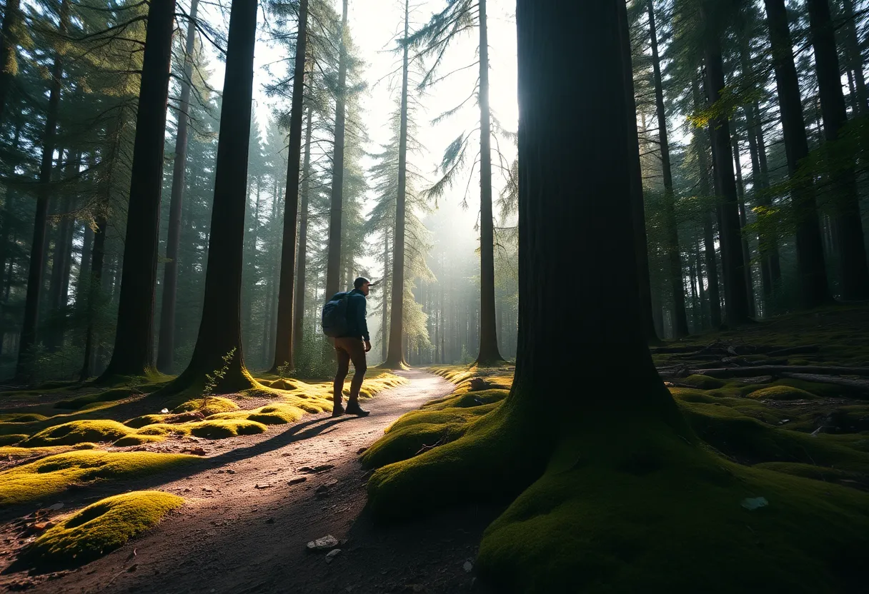 A backpacker stands still on a serene forest trail, surrounded by majestic trees reaching towards the sky. The early morning light filters gently through the leaves, casting dappled shadows on the ground. Rich greens and earthy tones dominate the scene, evoking a sense of calm and connection with nature. The composition utilizes the rule of thirds to highlight the subject's position, while the sharpness from foreground to background emphasizes the peacefulness of the forest.