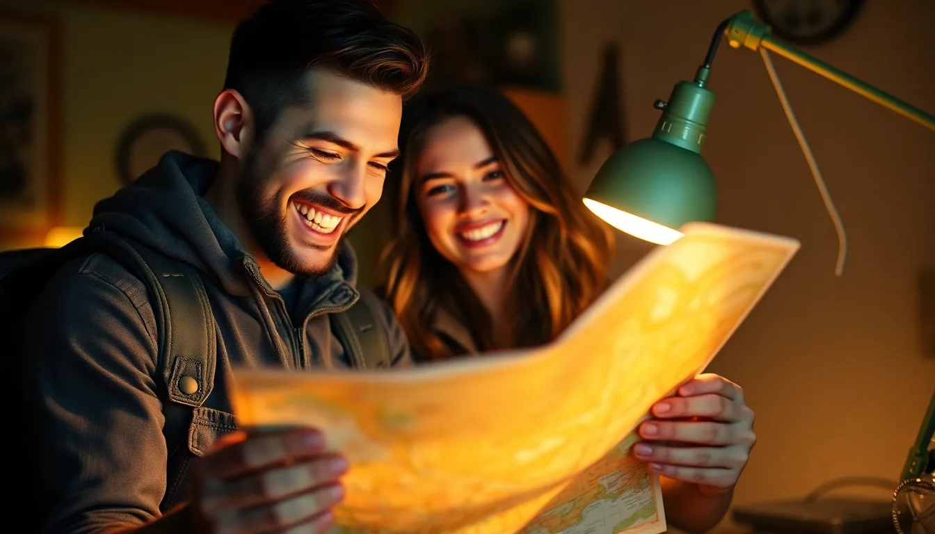 A cheerful backpacker is captured in a cozy cabin, eagerly studying a map beneath the warm glow of a tungsten lamp. The image focuses on their joyful expression, revealing the excitement of planning the next adventure. The shallow depth of field highlights the intricate textures of the map and their rugged clothing, while the warm color palette envelops the scene in a comforting atmosphere. The composition is dynamically arranged with the subject off-center, inviting intrigue.