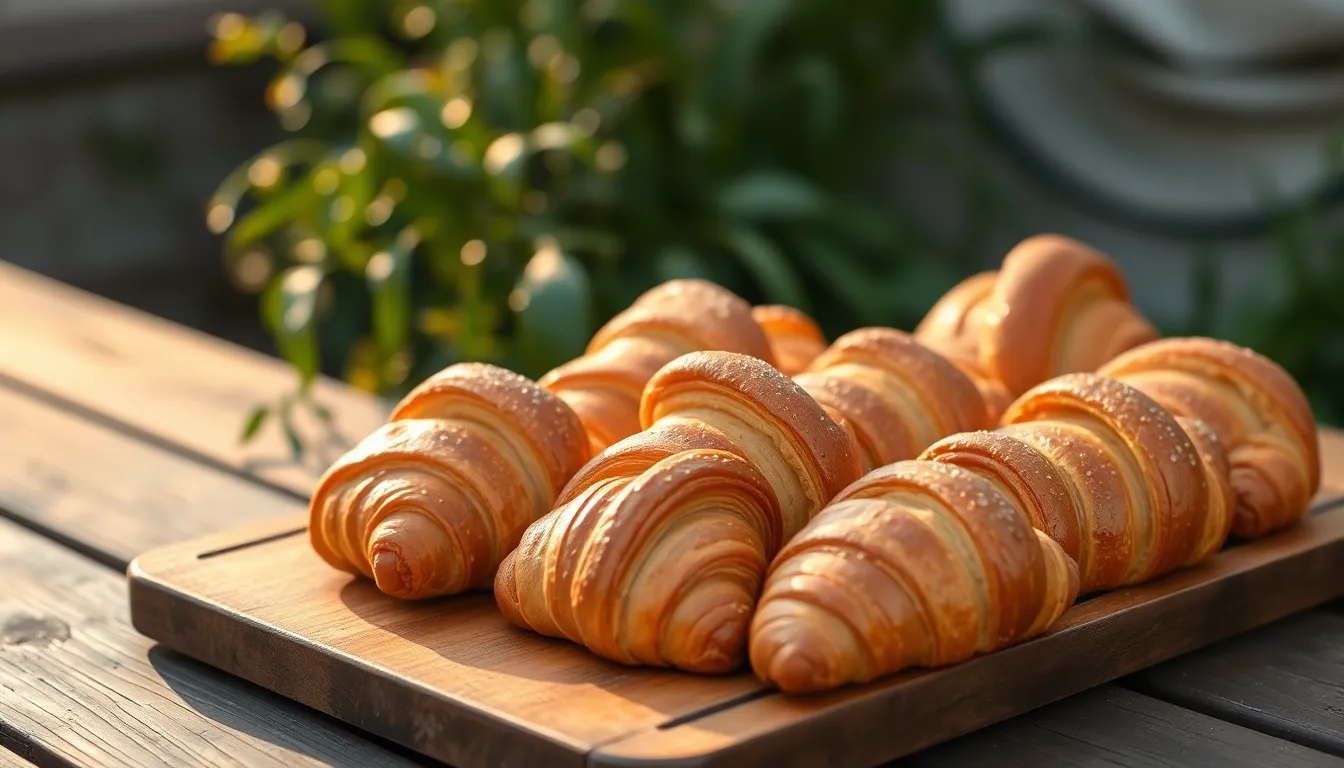 Freshly Baked Croissants on Rustic Tray