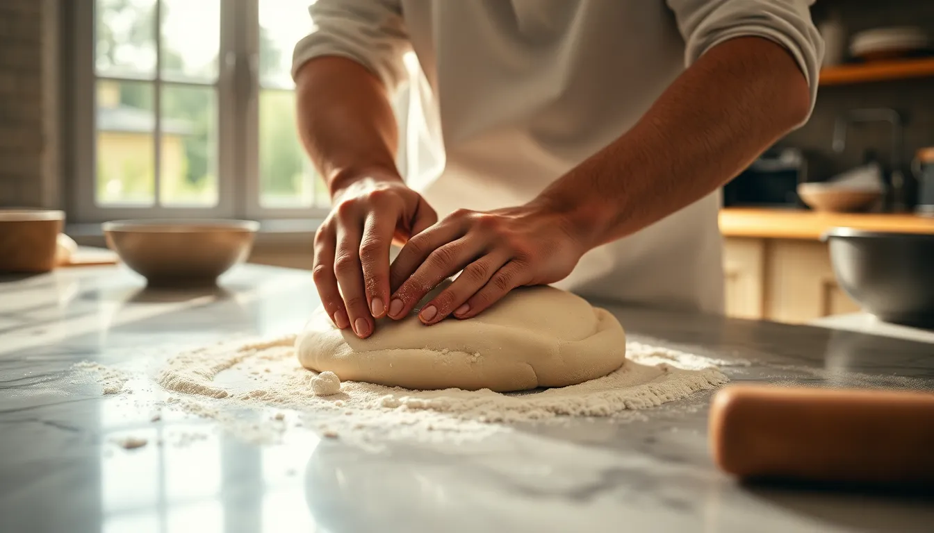 Baker Kneading Dough on Marble Countertop