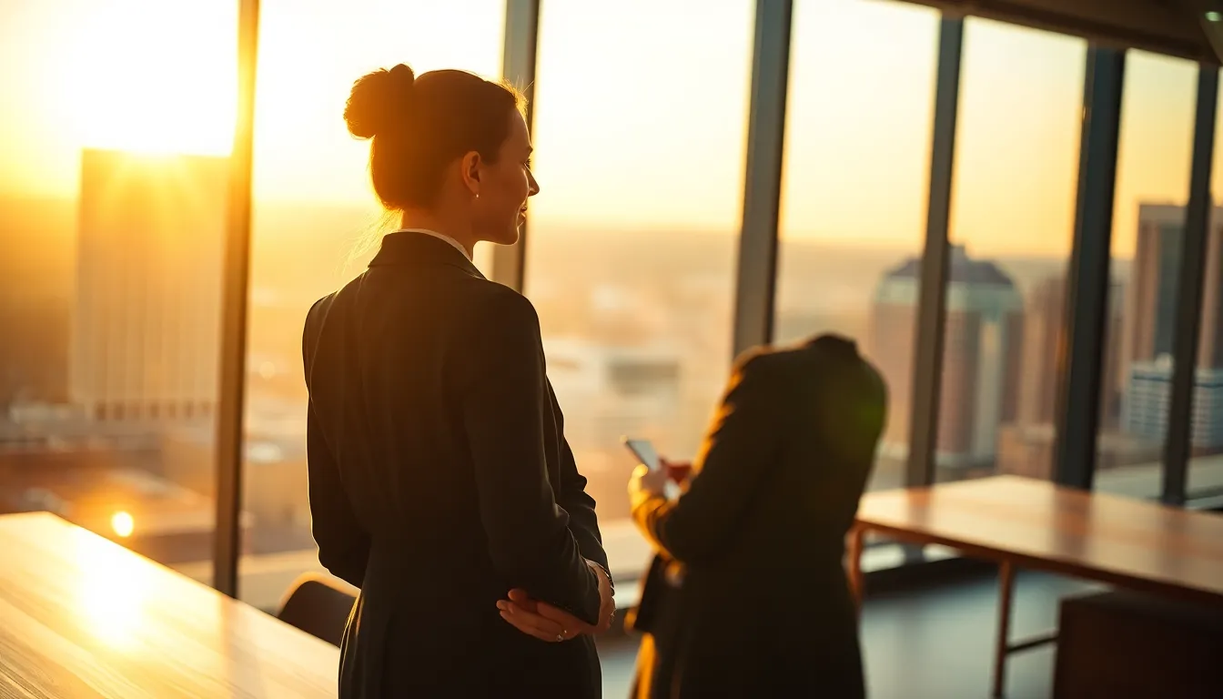 Business Meeting at Sunset in Modern Office
