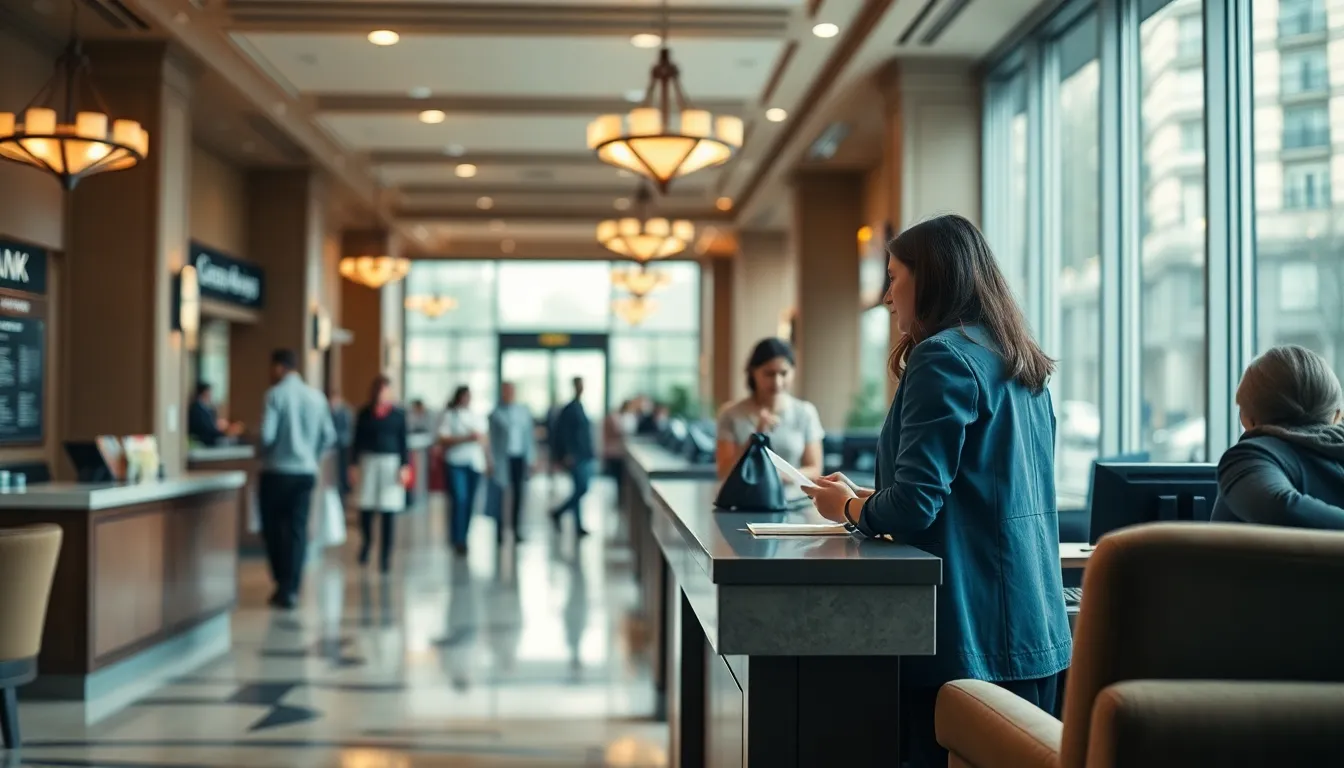 Modern Bank Interior During Busy Hours This image captures a busy bank interior filled with natural light on a Monday morning. A teller is engaged with a customer, with polished marble floors and plush seating enhancing the upscale atmosphere. The scene's muted colors convey a professional yet welcoming vibe, while soft shadows add depth. The focused interaction draws the viewer's eye, emphasizing the importance of human connections in banking.