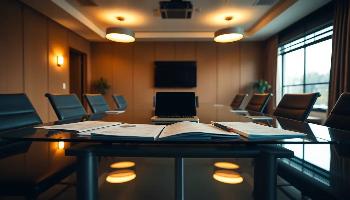 Glass Conference Table with Financial Reports