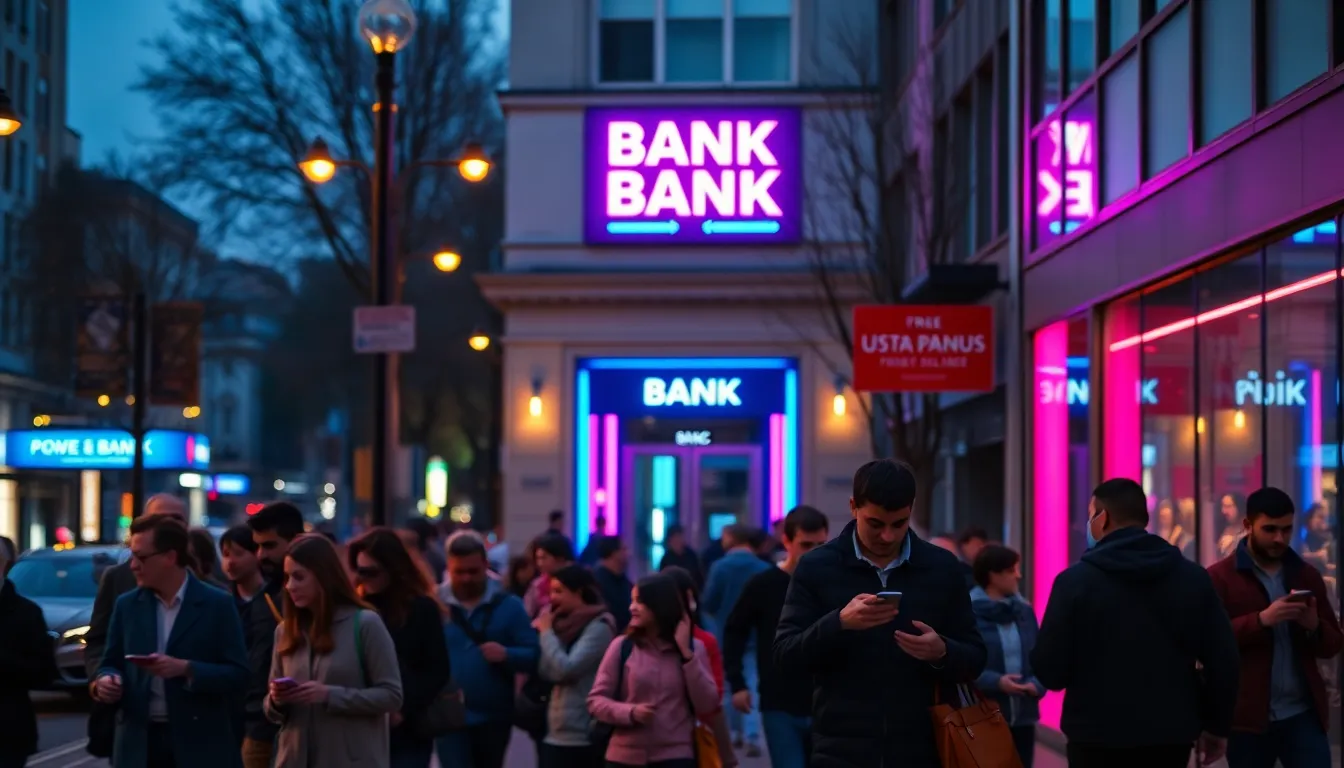 Urban Street Scene Near Bank Branch This vibrant scene captures the hustle and bustle of an urban street at dusk, with a bank branch illuminated by striking neon signage. The contrast of warm streetlamp light and cool neon tones creates a lively atmosphere. Individuals are portrayed in motion, with the bank serving as a financial focal point in the urban setting. The use of shallow depth of field and leading lines directs the viewer's gaze, encapsulating the essence of city life and banking.