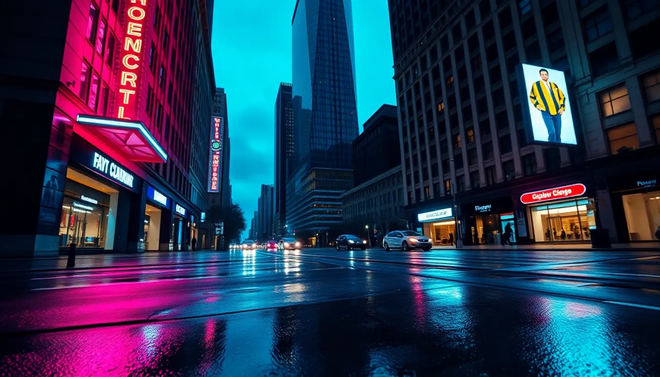 Dramatic City Skyline at Dusk A stunning view of a financial district skyline captured at dusk, illuminated by neon signage reflecting off wet pavement. The vibrant colors and dramatic lighting create a lively urban atmosphere, emphasizing the modernity of banking and finance. The perspective is enhanced by the leading lines of the street, guiding the viewer's eye toward the towering skyscrapers. Ideal for depicting the dynamic energy of financial cities.