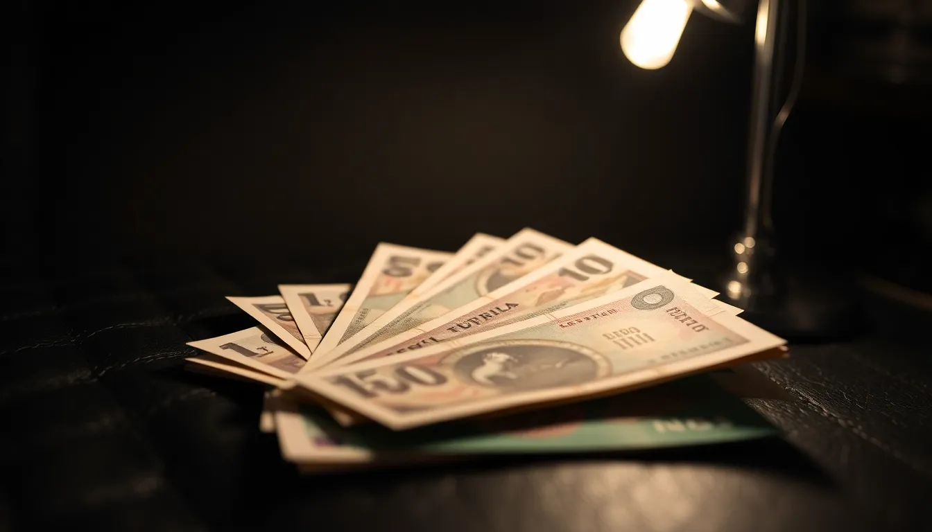 Detailed Shot of Currency Notes This close-up image beautifully showcases various currency notes fanned out on a luxurious black leather surface. Soft lighting from a desk lamp enhances the intricate designs and security features of the bills, creating a rich and elegant ambiance. The saturated colors of the banknotes contrast with the darkness of the background, emphasizing their value and significance in the world of finance.