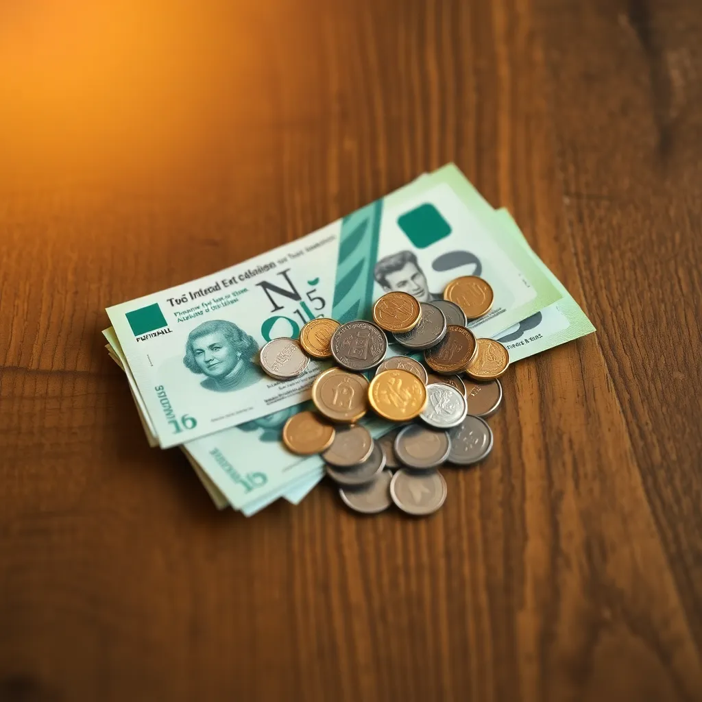 Overhead View of Currency on Wooden Table