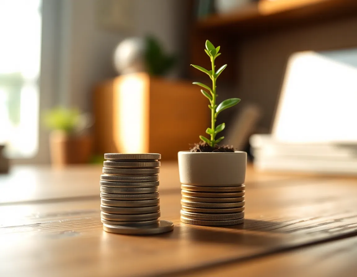 Sustainable Finance with Coins and Plant This close-up image highlights a stack of coins next to a small potted plant on a wooden desk. Natural daylight enhances the textures of the coins and the rustic wood, promoting a sense of sustainability in finances. The earthy color palette of greens and browns conveys growth and investment, while the selective focus draws attention to the coins, symbolizing the essence of financial prosperity. The thoughtful arrangement of elements evokes a harmonious relationship between nature and finance.