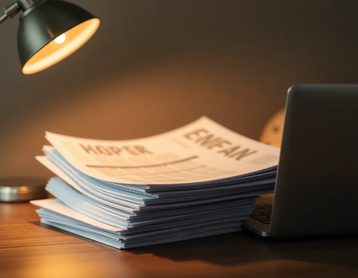 Financial Reports and Laptop on Desk This close-up image captures a stack of financial reports and a sleek laptop illuminated by the warm glow of a tungsten desk lamp. The narrow focus reveals the intricate textures of the paper while softly blurring the background, enhancing the professional atmosphere. With a composition that leads the eye diagonally across the scene, this image effectively conveys meticulous attention to detail in financial planning and documentation.