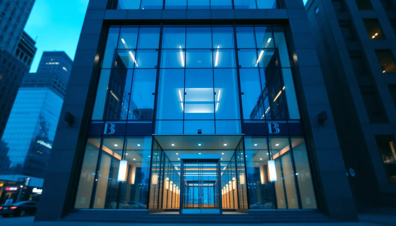 Modern Bank Facade at Blue Hour This image showcases a stunning modern bank facade at blue hour, with large glass panels reflecting the surrounding cityscape. Cool artificial lights illuminate the entrance, creating a warm glow that invites visitors. The tilt-shift miniature effect lends a unique perspective, emphasizing the architectural grandeur. The image's cool blue and warm light palette captures the essence of urban finance and sophistication, while symmetrical lines create a harmonious and balanced composition.