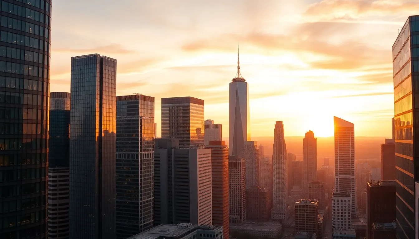 Sunset Over Financial District Skyline This stunning image portrays a bustling financial district skyline at sunset, with glass buildings catching the warm glow of the golden hour. The vibrant colors of the sky, from deep blues to soft pinks, create a dramatic backdrop. Leading lines formed by the tall structures guide the eye upwards, embodying the essence of ambition and growth synonymous with finance. The entire scene is sharp and inviting, showcasing the beauty of a city that never sleeps.