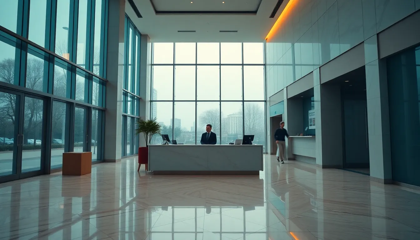 Bank Lobby with Customer Service Interaction This image showcases a modern bank lobby filled with diffused daylight streaming through tall windows, providing an inviting atmosphere. The friendly interaction between a bank teller and a customer at the central service desk creates a focal point, while the marble flooring leads the eye into the scene. Enhanced with cinematic color grading, the textures of glass and marble add a contemporary flair, making it ideal for visual storytelling in financial contexts.
