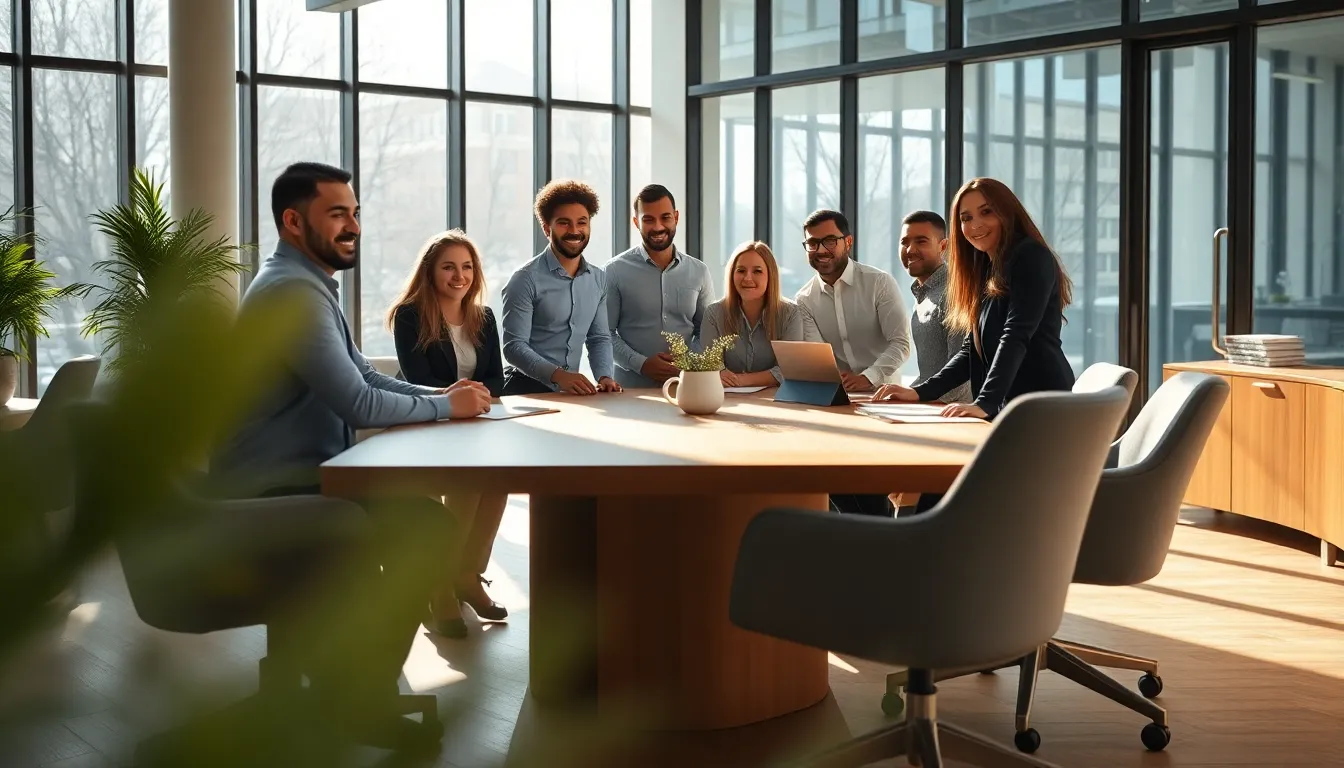 Collaborative Banking Team in Modern Office A vibrant scene of diverse professionals collaborating in a modern banking office. The large glass windows allow natural light to fill the space, creating a warm and inviting atmosphere. The sleek wooden table hosts laptops and papers, while team members discuss strategies. Warm wood tones contrast with the cool grays of the office furniture, enhancing the professional ambiance. The composition leads the viewer's eye across the scene, capturing the essence of teamwork in the financial sector.