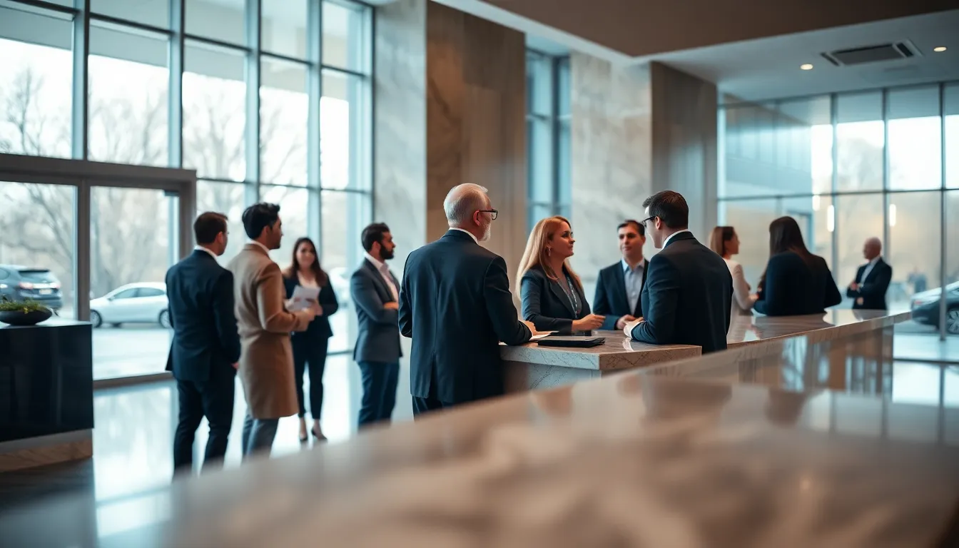 Collaborative Discussion in Modern Bank Lobby
