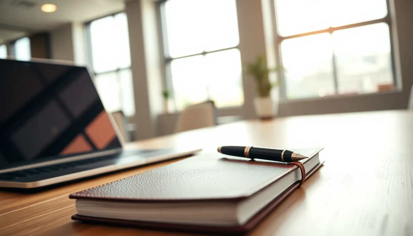 Professional Banking Office Setup This image captures a professional banking office environment, showcasing a sleek desk arrangement with a laptop, planner, and fountain pen. Early morning light filters through large windows, casting a warm and inviting atmosphere. The natural muted tones and soft bokeh background create an elegant and calming effect, ideal for financial institutions or business presentations.