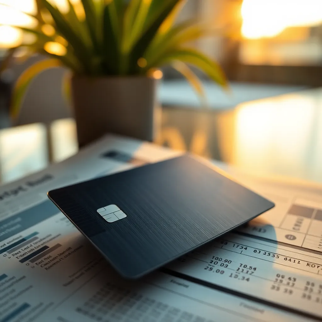 Modern Credit Card on Financial Documents A close-up view of a modern credit card elegantly positioned atop financial documents, bathed in warm natural light from the golden hour. The intricate textures of the card are emphasized with a very shallow depth of field, making the background softly blurred. The warm ambiance is enhanced by sunlight filtering through office plants, creating a serene environment. Utilizing leading lines, the composition draws the viewer's eye directly to the credit card, making it a compelling focal point for financial imagery.