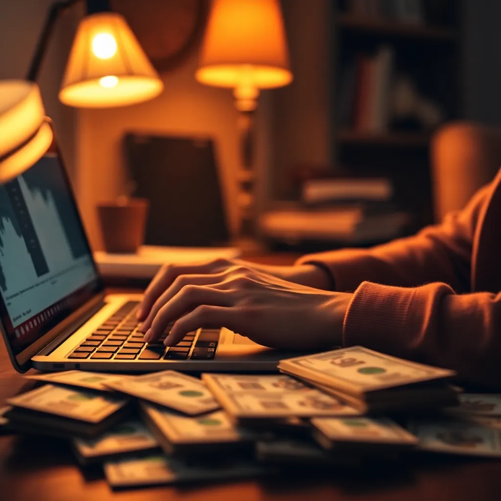 Close-Up of Digital Banking with Currency In this close-up shot, hands are seen typing on a laptop surrounded by scattered currency notes. The warm glow from tungsten lamps creates an inviting ambiance, reflecting the comfort of managing finances from home. The focus on the hands emphasizes the digital aspect of banking, while textures of paper and notes add a rich detail to the scene. Warm tones evoke feelings of wealth and security in financial management.