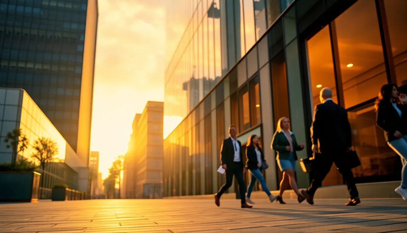 Modern Bank Building at Sunset This stunning image presents a modern bank building during golden hour, with its glass facade reflecting vibrant sunset colors. Warm oranges and purples fill the sky, creating a dramatic backdrop. The blurred city background adds depth to the scene, while dappled sunlight on the pavement creates inviting patterns, making it a perfect representation of contemporary finance architecture.