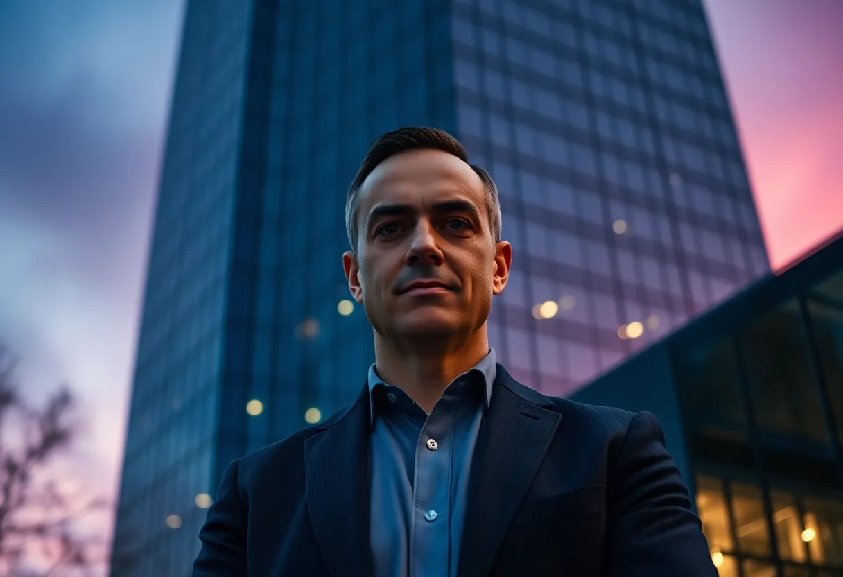 Banker Portrait in Front of Modern Glass Building
