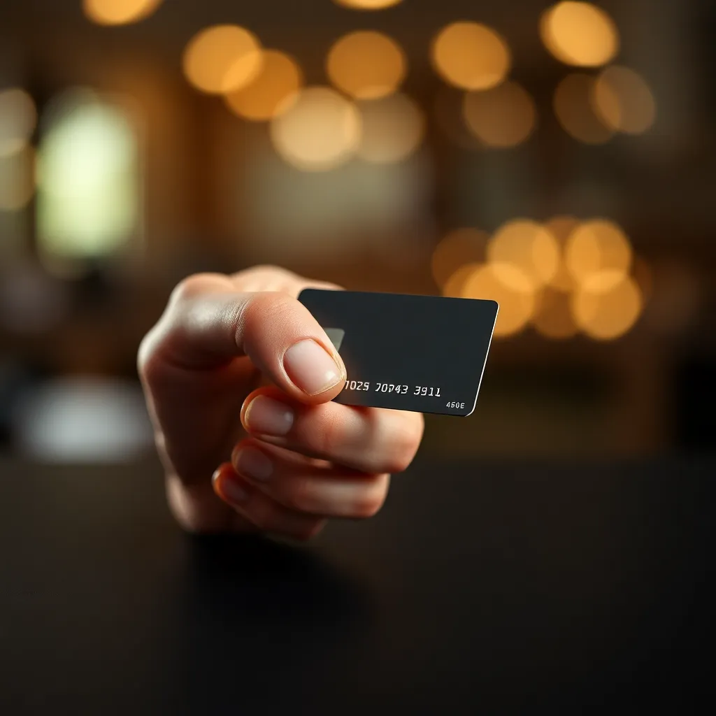 In this image, a hand elegantly holds a credit card against a sleek black surface, illuminated by a professional studio setup. The select focus enhances the intricate details of the fingers and the card's texture, while the soft bokeh background adds depth and interest. Captured on a high-resolution camera, the warm color palette evokes a sense of trust and professionalism, making this image ideal for financial-related communications.