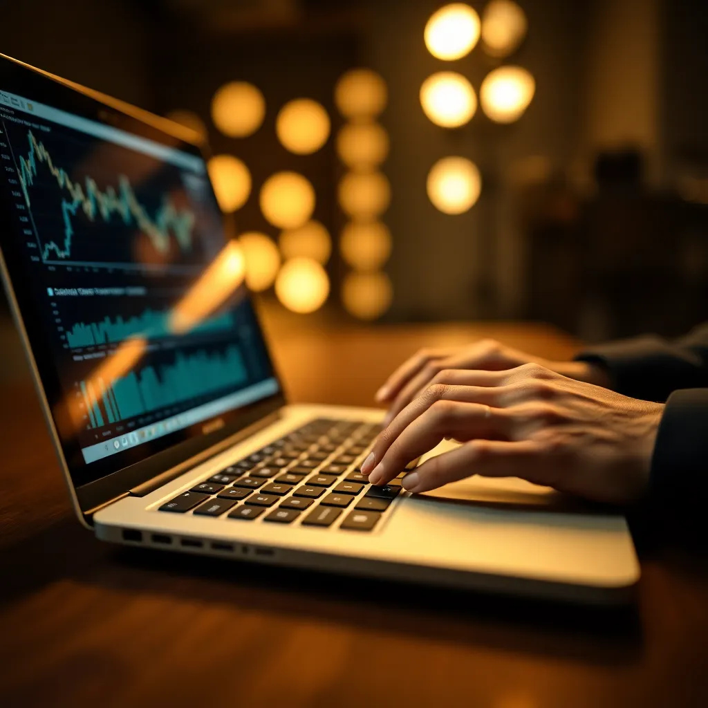 Close-Up of Hands Typing on Laptop with Financial Data