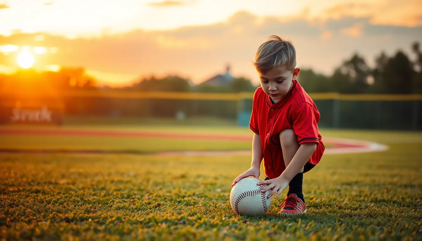 A young baseball player is poised at the pitch, surrounded by a vibrant sunset illuminating the field. The player, dressed in a bright red jersey, displays determination as he focuses on the ball, his gaze intense. The background softly blurs, creating a bokeh effect from the sunlit outfield, enhancing the dynamic action of the scene. The warm golden hour light adds a cinematic quality, contrasting beautifully with the green grass textures.