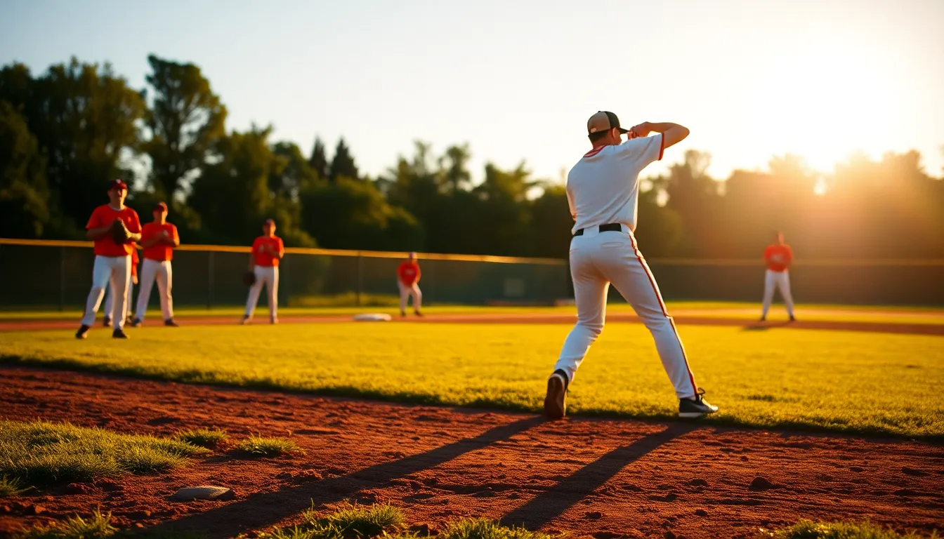 A baseball pitcher is captured in mid-windup during a golden hour sunset, creating a dramatic, warm atmosphere. Teammates cheer in the background, slightly blurred to emphasize the pitcher. The field's textured dirt and grass add depth, enhanced by the soft lighting and color tones reminiscent of Kodak Portra film. This image represents the excitement and energy of the game, perfect for sports-related content.