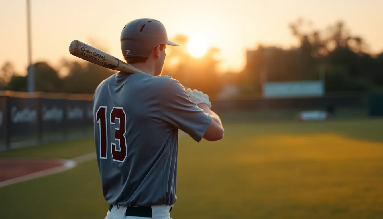 A baseball batter is captured at sunset, poised to swing, with warm golden hour light highlighting his focused expression. The vivid colors of the green grass and bright jerseys pop against the soft bokeh background. The composition follows the rule of thirds, drawing the viewer's eye towards the batter. The weathered wooden bat adds a touch of texture, enhancing the atmospheric feel of the moment.