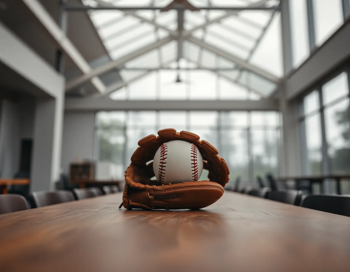 An evocative composition featuring a baseball glove and ball resting on a rustic wooden table. The overcast light softly illuminates the scene, bringing out the rich textures of the leather and wood. The absence of harsh shadows gives the image a calm, nostalgic feel, perfect for sports memorabilia or lifestyle themes.
