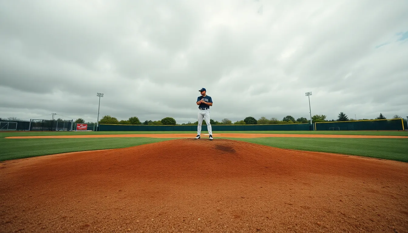 A focused pitcher stands on the mound under a soft overcast sky, creating a moody and contemplative atmosphere. The muted earth tones of the field and cloudy background provide a stark contrast to the player's bright uniform. With hyperfocal sharpness, the entire scene is in focus, emphasizing the player's concentration and readiness. The weathered texture of the pitcher's mound adds a layer of authenticity to the environment.