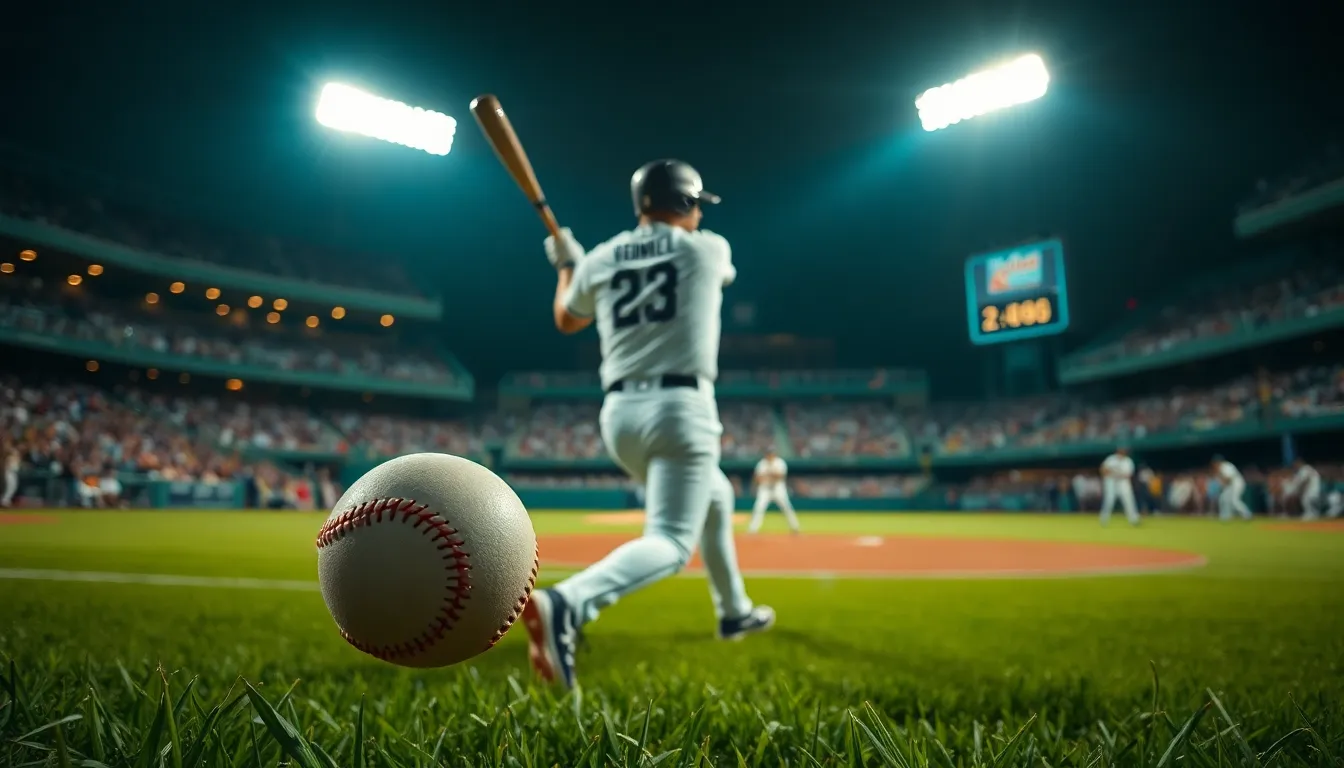 A dynamic image of a baseball player swinging his bat, illuminated by intense stadium lights. The player's focused expression contrasts with the blurred crowd behind him, creating a sense of action and anticipation. The rich greens of the grass field and vibrant white uniform enhance the dramatic effect with cinematic color grading. The shallow depth of field draws attention to the player's technique, with detailed textures of the grass and ball visible.