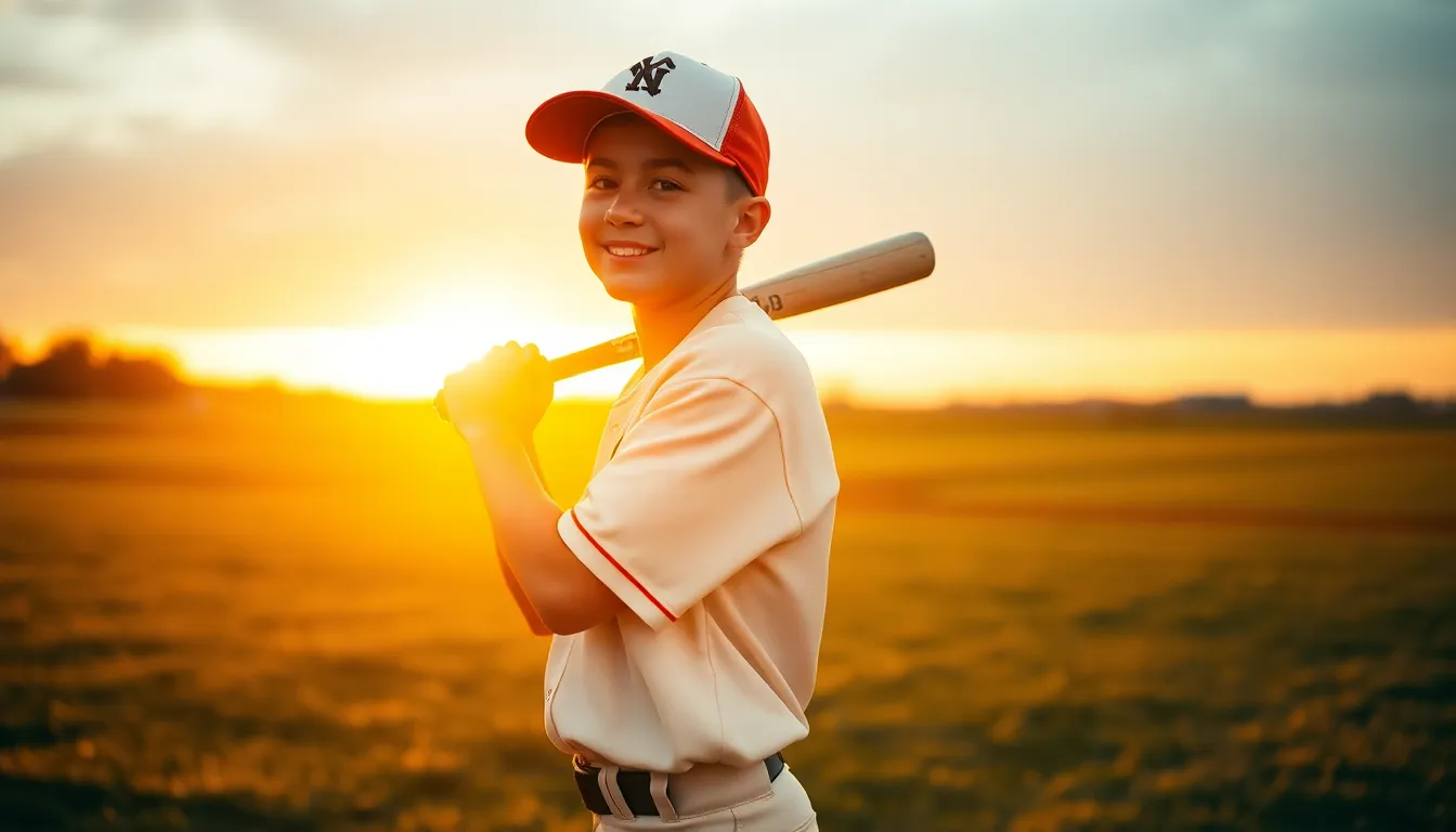 This image features a young baseball player standing confidently on a weathered grass field during golden hour. The warm backlight highlights his jersey and creates a nostalgic atmosphere. His determined expression and classic uniform, combined with a shallow depth of field, draw the viewer's attention to his poised stance. The soft bokeh in the background enhances the scene's charm, making it an ideal representation of youth and determination in sports.