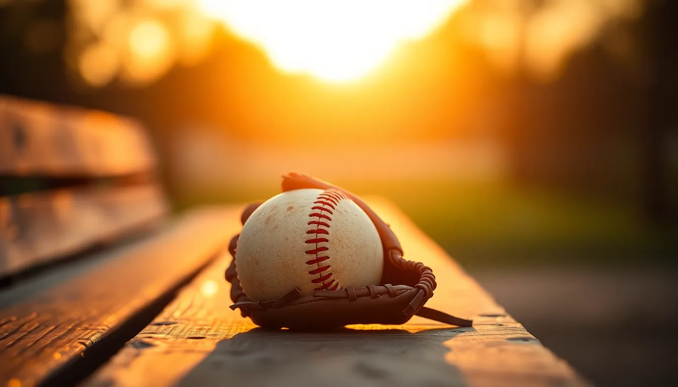 A vintage baseball glove cradling a worn ball rests on a weathered wooden bench during golden hour. The warm rim lighting creates a soft glow, emphasizing the glove's rich texture. Dappled sunlight filters through the trees, lending a nostalgic, tranquil mood to the scene. This composition captures the essence of America's pastime, evoking memories of lazy summer afternoons on the field.