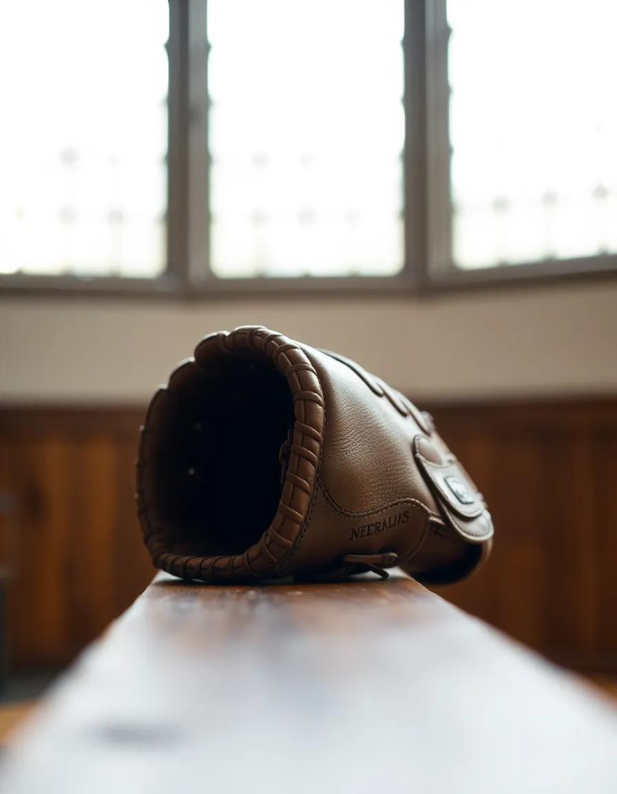 A close-up of a well-worn baseball glove rests on a rustic wooden bench, bathed in soft diffused daylight. The intricate texture of the leather and the gentle shadows create a warm yet nostalgic ambiance. This image encapsulates the spirit of the game, evoking memories of summer afternoons spent on the field.