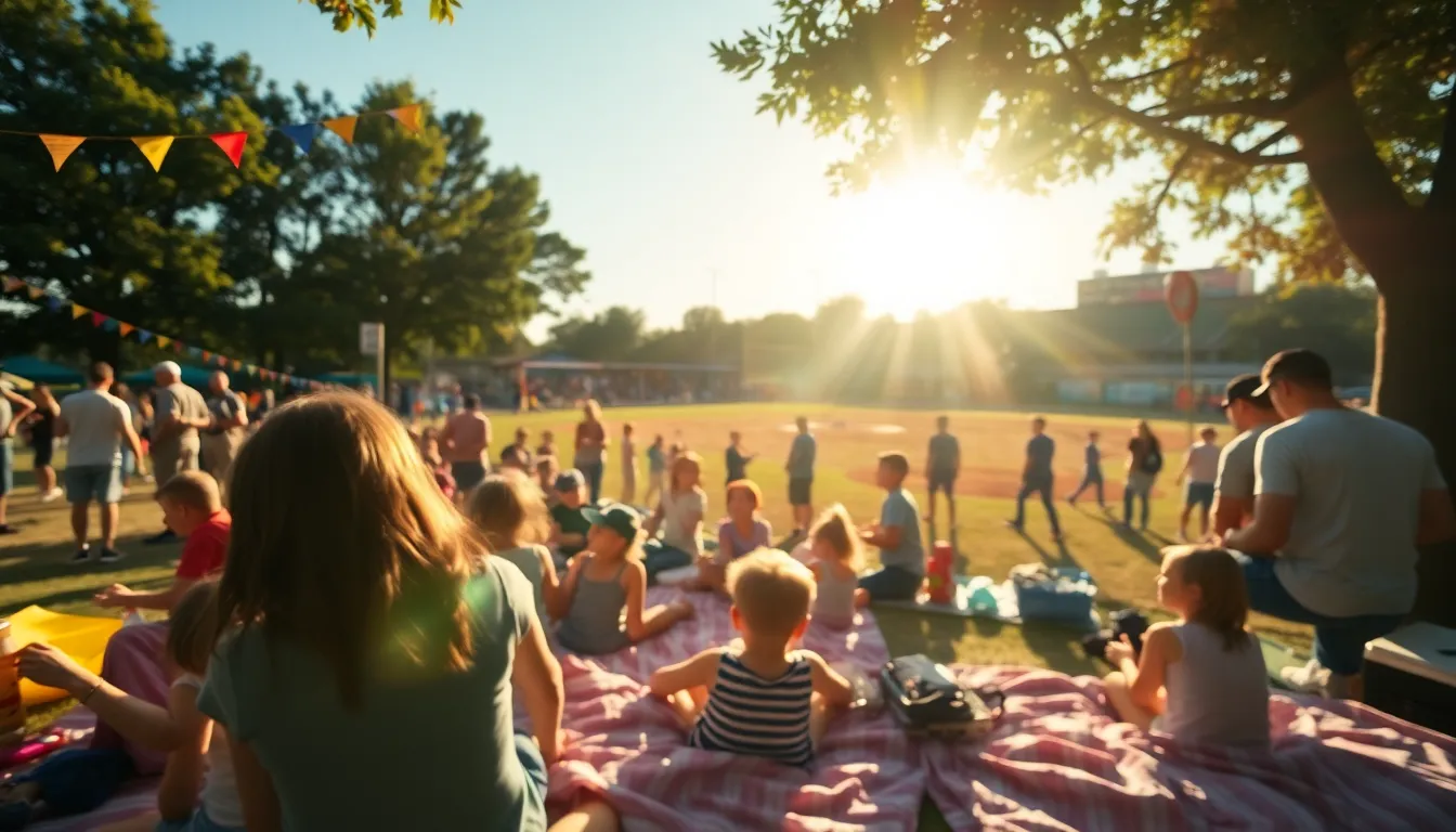 This vibrant image captures the lively atmosphere during a baseball festival at a local park. Families are engaged in various activities, with the baseball diamond in the backdrop, creating a sense of community and celebration. The bright sunlight highlights the joyful expressions and colorful decorations, enhancing the festive mood. The dynamic composition draws the viewer into the scene, celebrating baseball's connection to family and fun.