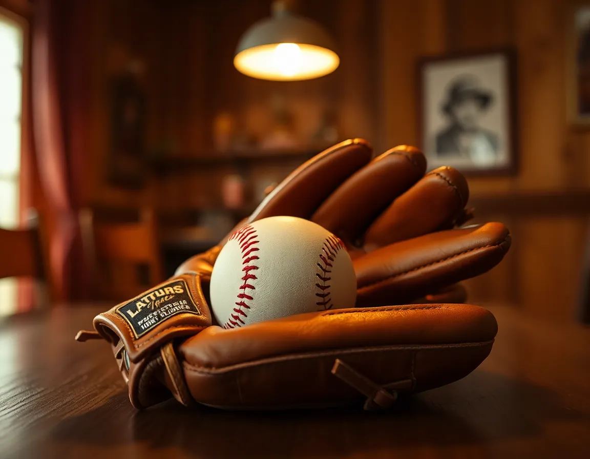 This intimate image showcases a baseball glove and ball arranged elegantly on a rustic table, illuminated by warm tungsten light. The intricate details of the glove's leather and stitching are beautifully highlighted, creating a tactile experience for the viewer. The warm tones evoke a feeling of comfort and nostalgia, reminiscent of childhood memories spent playing catch. The diagonal composition adds depth and interest, drawing attention to the objects that symbolize the love of the game.