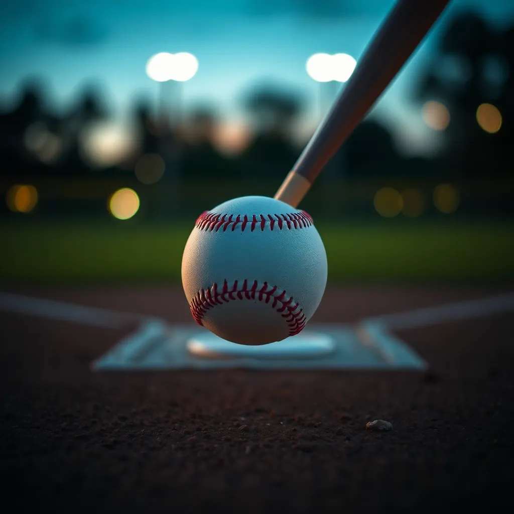 A stunning macro shot of a baseball bat and ball arranged elegantly under twilight lighting. The ambient glow creates a serene atmosphere, while the deep blues and rich greens evoke a sense of calmness. The shallow depth of field highlights the textures of the polished wooden bat and the smooth surface of the baseball, presenting them as focal points in the composition. This image captures the beauty and simplicity of the game.