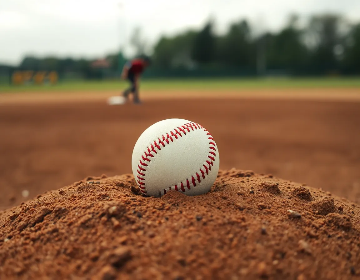 A serene, macro photograph featuring a baseball resting on a damp pitcher's mound after rain. The overcast lighting offers a soft, even glow, enhancing the natural muted colors of the dirt and the ball. The shallow depth of field accentuates the texture of the baseball, showcasing its stitched details against the rough surface of the mound. This peaceful moment captures the essence of a quiet game day, invoking a sense of nostalgia and anticipation.