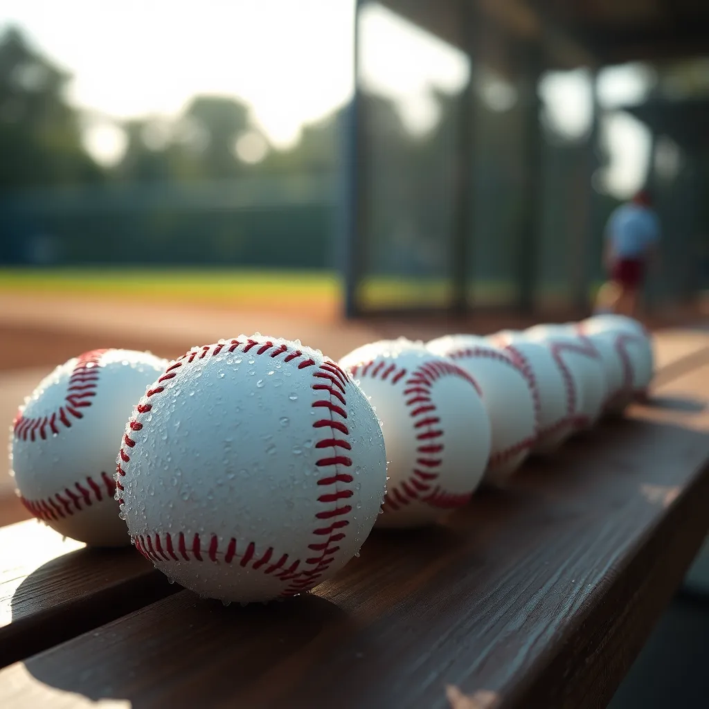 As the sun rises over the practice field, dew-covered baseballs are arranged on a rustic wooden bench, glistening with freshness. The early morning light bathes the scene in soft tones, enhancing the textures of the baseballs while the background fades into a soft blur. This close-up composition captures the essence of a new day beginning in the world of baseball, evoking feelings of anticipation and freshness.