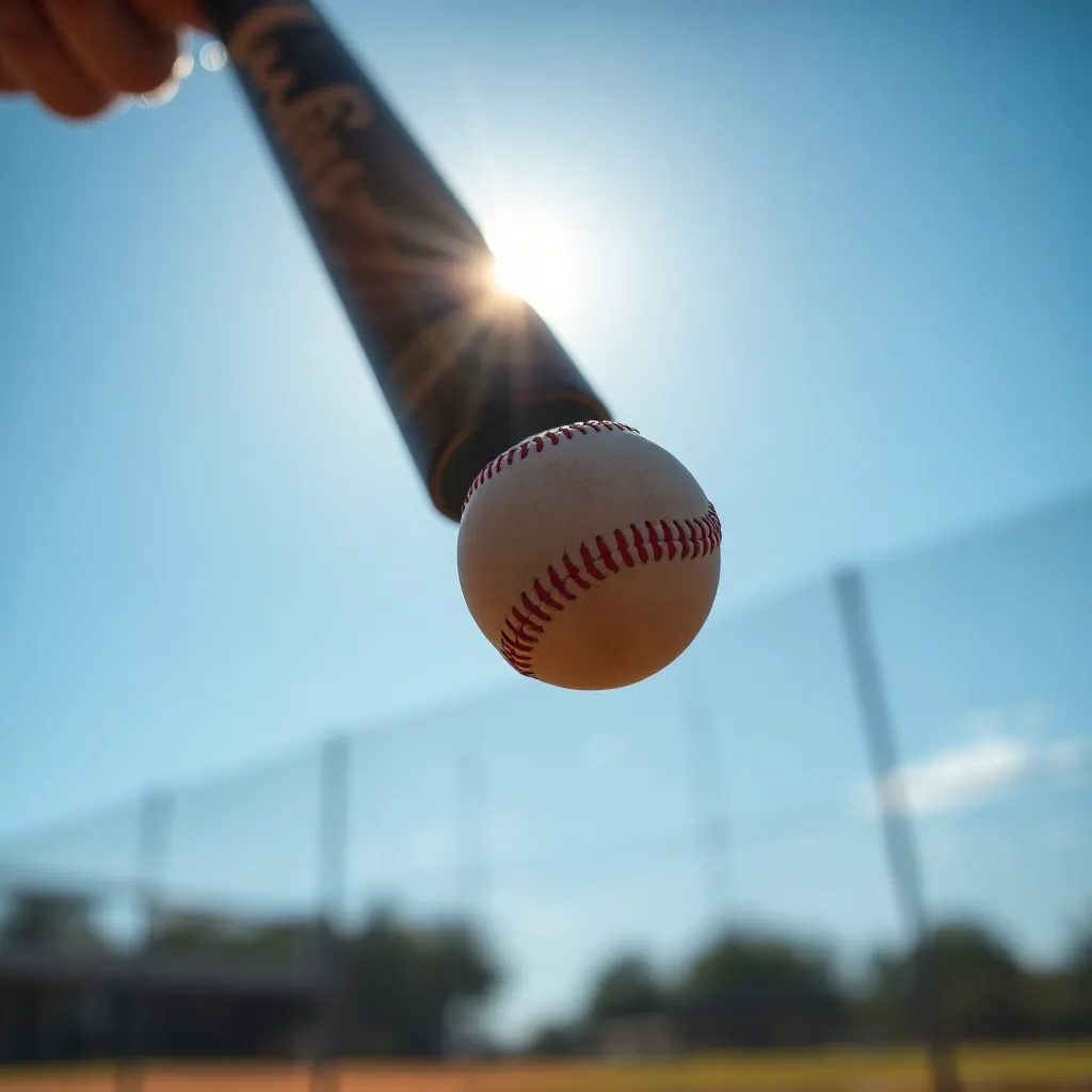 An exhilarating close-up shot captured at the perfect moment as a baseball bat makes contact with the ball. The bright sunlight creates striking highlights and shadows, while the use of macro photography reveals the intricate details of the bat's grain and the ball's surface. The dynamic angle adds energy to the composition, immersing the viewer in this thrilling moment of the game.