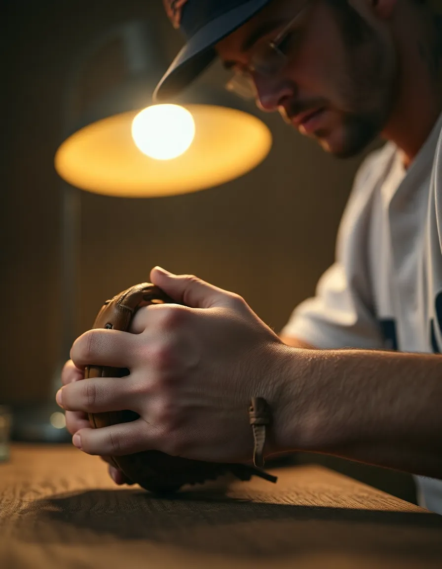 A close-up of a vintage baseball glove cradling a well-used ball, beautifully lit by a warm tungsten lamp. The intimate composition and shallow depth of field draw focus to the intricate details, such as the stitching and texture of the leather. The warm color palette evokes a sense of nostalgia, bringing to life cherished memories of the game. Each scuff and crease on the glove tells a story of countless games played.