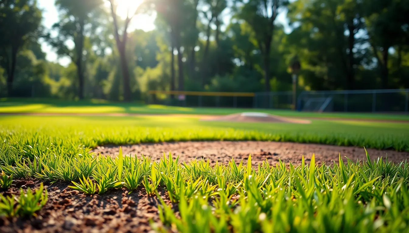 The early morning sun casts dappled light across a vibrant baseball field, creating a picturesque scene. Sunlight filters through the trees, illuminating the freshly cut grass and dirt pathways. The rich color saturation makes the environment pop, while the composition draws the eye toward the pitcher’s mound. The image captures the freshness of a new day in the world of baseball, making it perfect for sports promotions or nature-themed features.