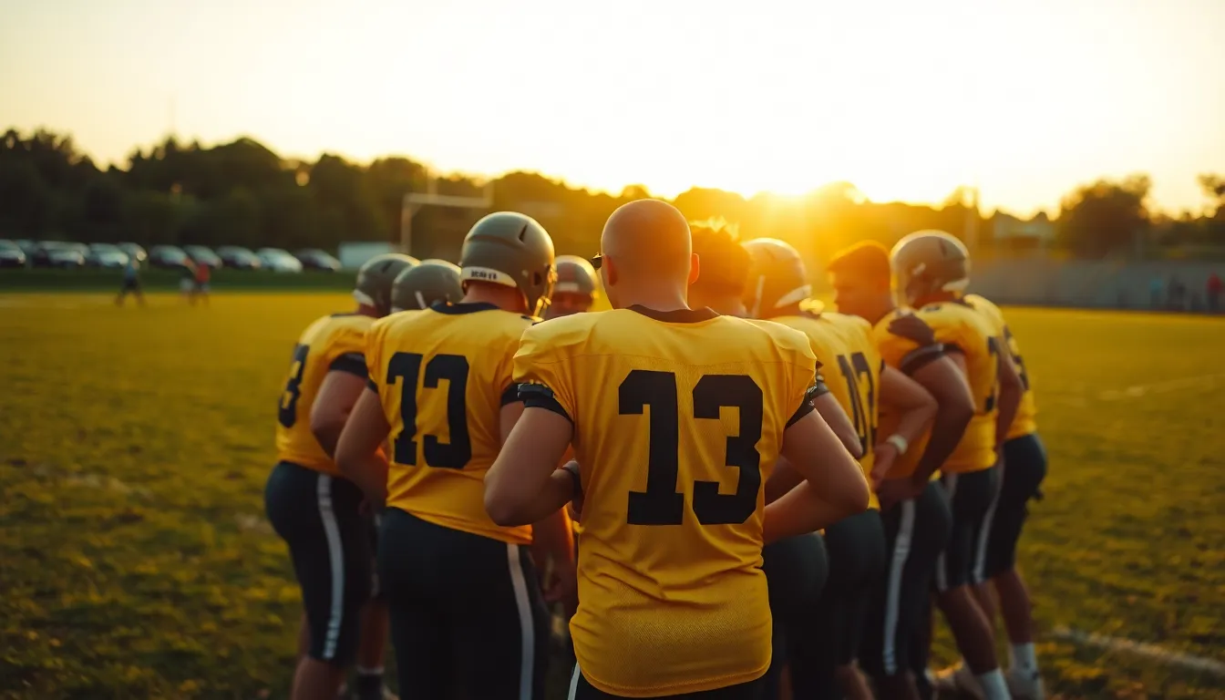 A warm and energetic scene of a baseball team huddling together, illuminated by the golden hour sunlight that backlights the players, creating an ethereal glow. The vibrant yellows and greens enhance the lively atmosphere, making it feel like a moment of camaraderie and strategy. The diagonal composition guides the viewer’s gaze across the action, while the details in the players' jerseys and grass texture enrich the image.