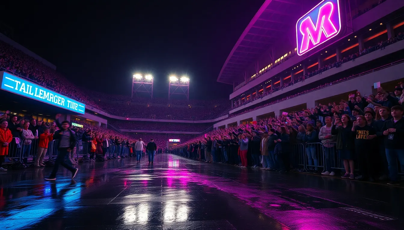 A vibrant baseball stadium comes alive at night, filled with enthusiastic fans cheering under colorful neon lights. The dynamic angle captures the excitement and energy of the crowd while the reflections on the wet pavement add a layer of depth. This image perfectly encapsulates the thrilling atmosphere of a baseball game under the stars.